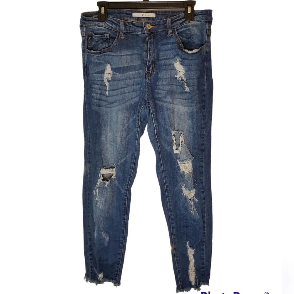 KANCAN Dark Blue Distressed Skinny Raw Hem Denim Jeans 15/31
